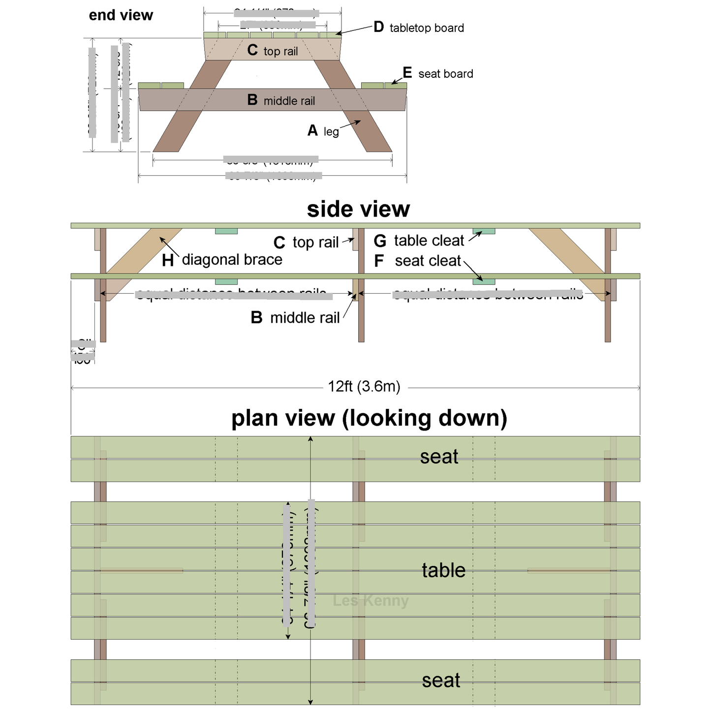 DIY plans to build a 12ft (3.6m) long traditional picnic table