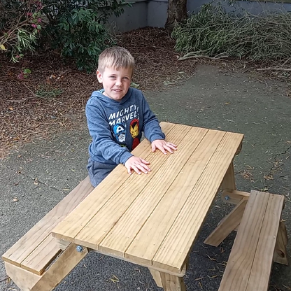 Plans to build a 3/4 size folding picnic table ideal for the kids