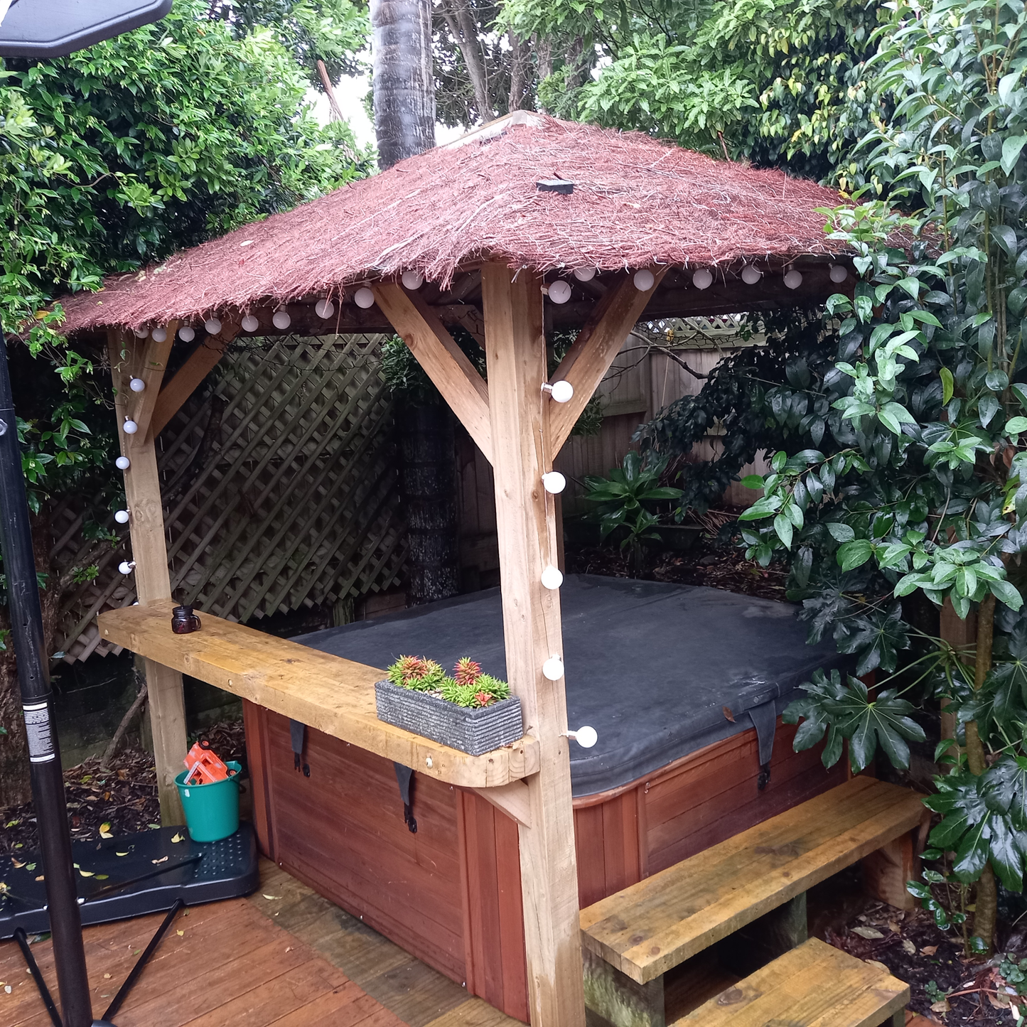 DIY plans to build a rustic 8ft square gazebo suitable for a hot-tub enclosure