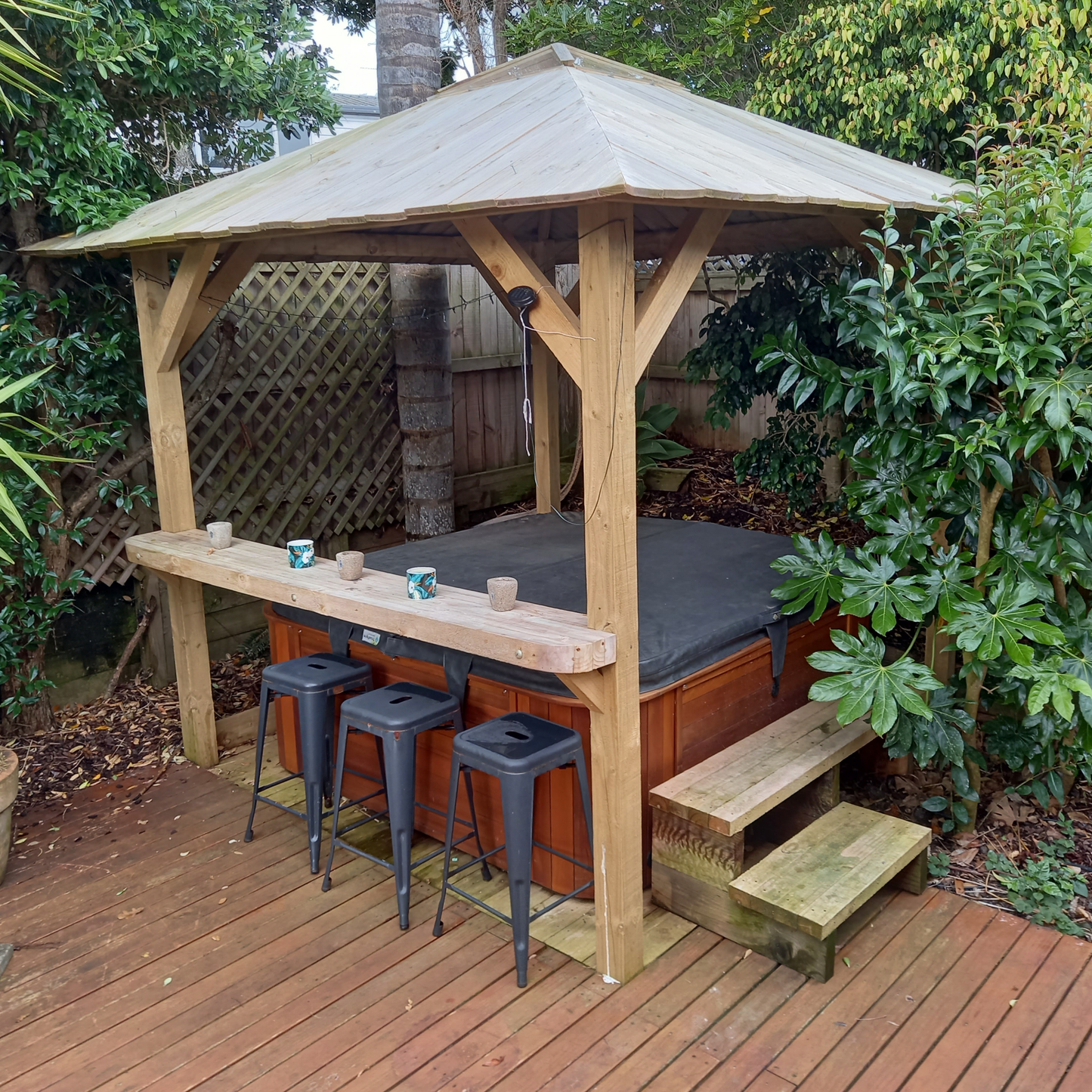 DIY plans to build a rustic 8ft square gazebo suitable for a hot-tub enclosure